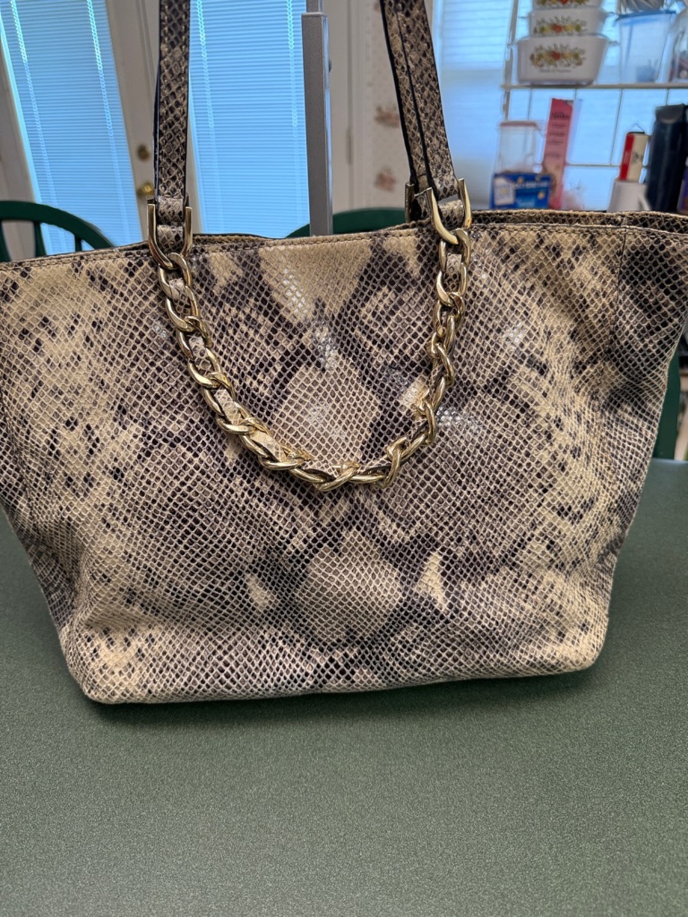 Michael Kors Beige and Brown Snake-Print Tote with Gold Chain - Picture 3 of 5